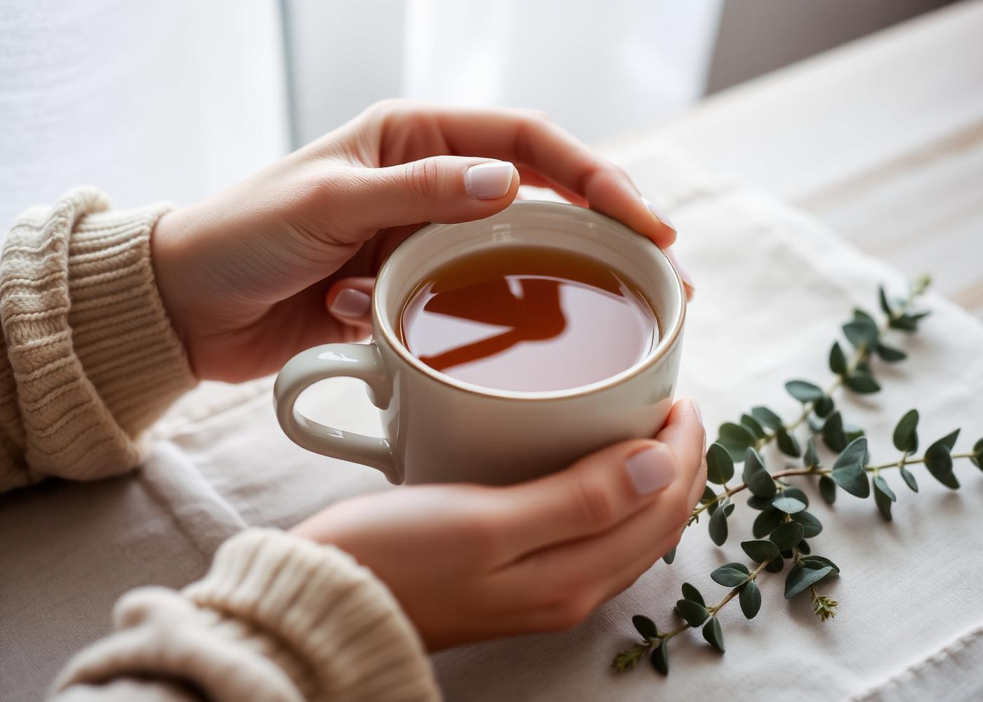 Hands cradling a warm ceramic cup of tea