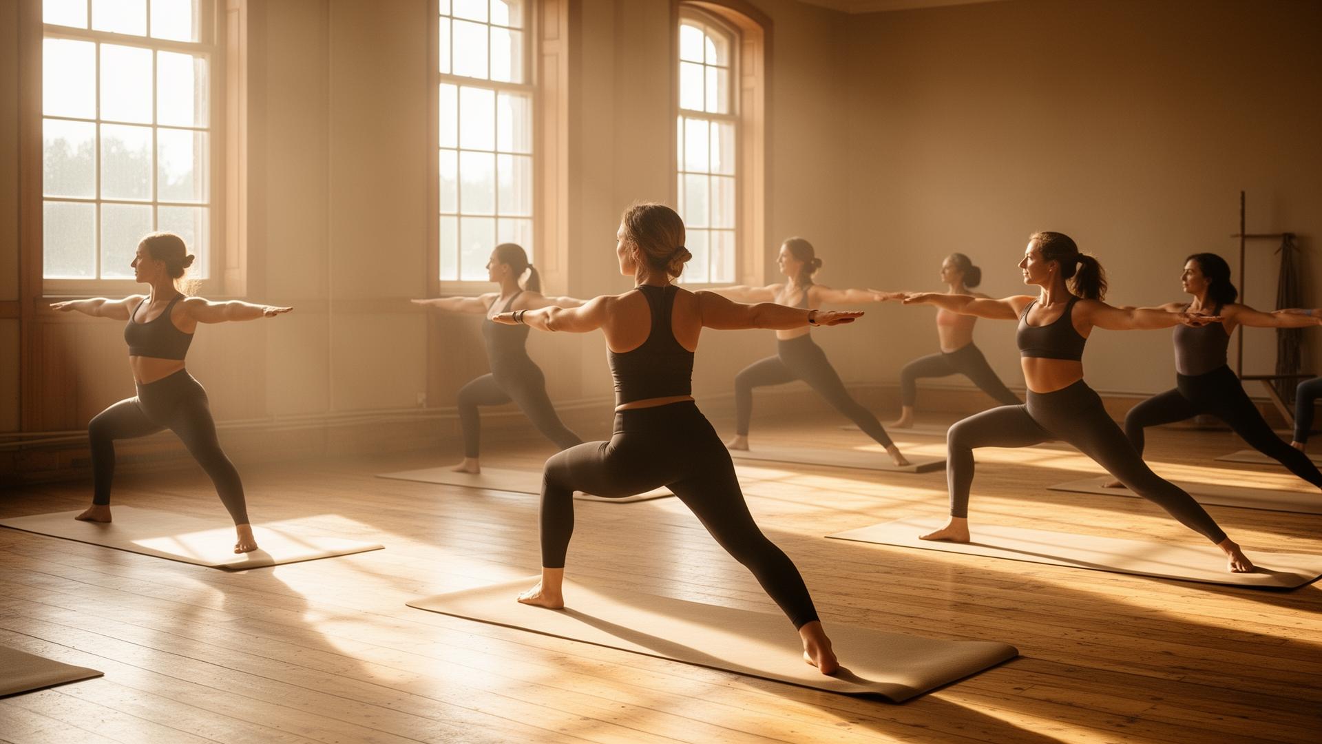A small class flowing through warrior pose in a sunlit wood-floor studio